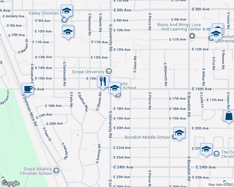 map of restaurants, bars, coffee shops, grocery stores, and more near 1613 South University Road in Spokane Valley
