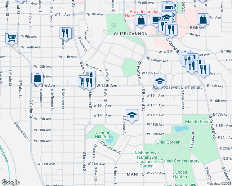 map of restaurants, bars, coffee shops, grocery stores, and more near 507 West 15th Avenue in Spokane