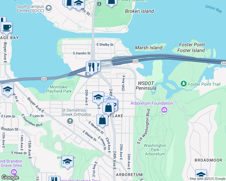 map of restaurants, bars, coffee shops, grocery stores, and more near in Seattle