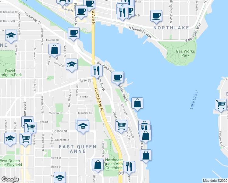 map of restaurants, bars, coffee shops, grocery stores, and more near 2462 Dexter Avenue North in Seattle