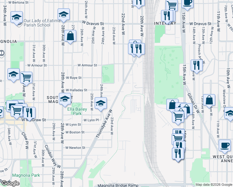 map of restaurants, bars, coffee shops, grocery stores, and more near 2517 Thorndyke Avenue West in Seattle