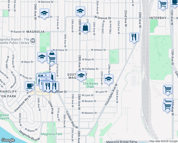 map of restaurants, bars, coffee shops, grocery stores, and more near 2614 West Smith Street in Seattle