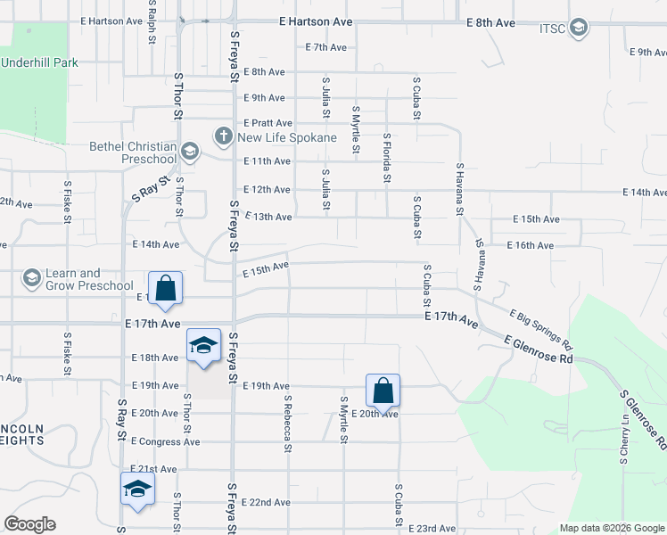 map of restaurants, bars, coffee shops, grocery stores, and more near 3911 East 16th Avenue in Spokane