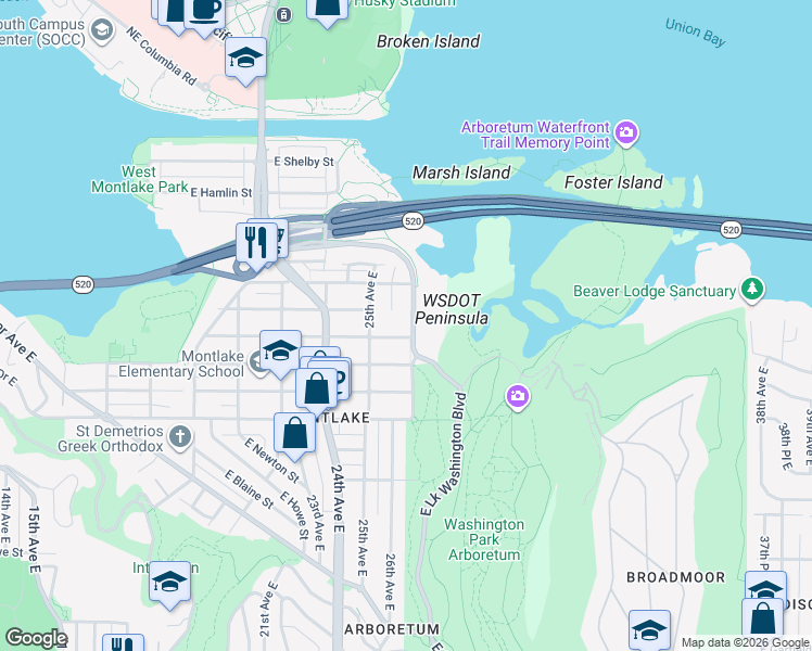 map of restaurants, bars, coffee shops, grocery stores, and more near 2511 Lake Washington Boulevard East in Seattle
