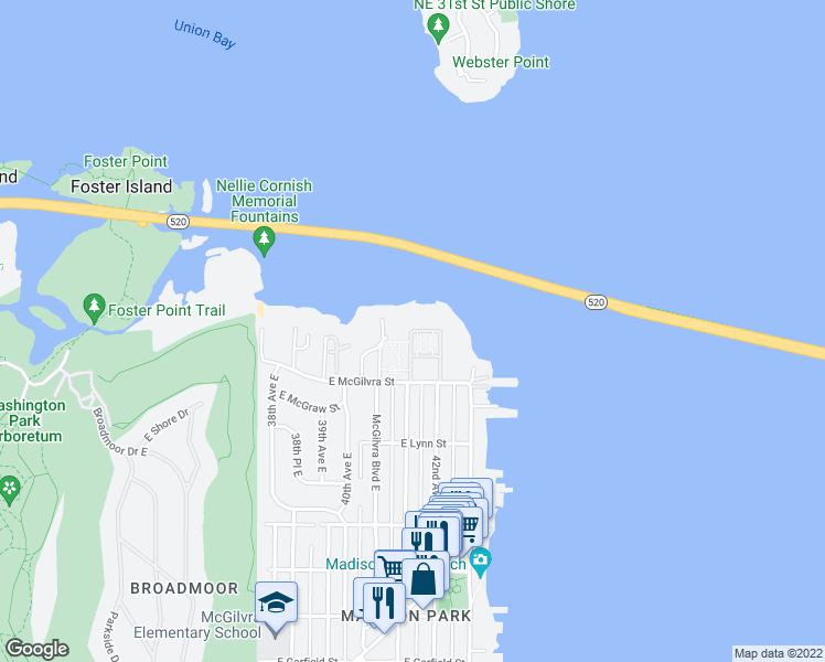 map of restaurants, bars, coffee shops, grocery stores, and more near 2505 41st Ave E in Seattle