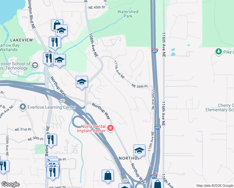 map of restaurants, bars, coffee shops, grocery stores, and more near 11060 Northeast 33rd Place in Bellevue