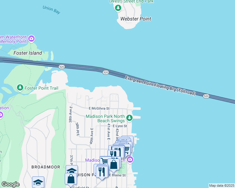 map of restaurants, bars, coffee shops, grocery stores, and more near East Edgewater Place in Seattle