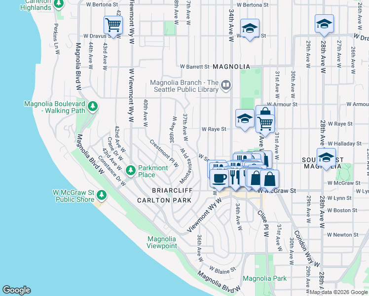 map of restaurants, bars, coffee shops, grocery stores, and more near 2524 Montavista Place West in Seattle