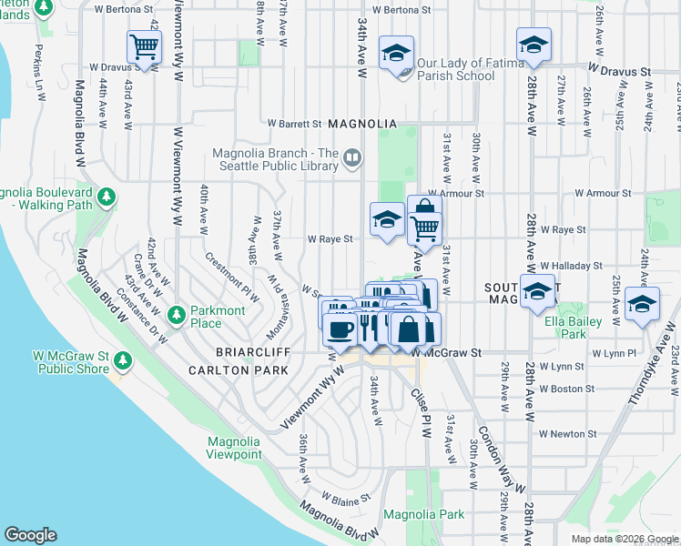 map of restaurants, bars, coffee shops, grocery stores, and more near 2526 35th Avenue West in Seattle