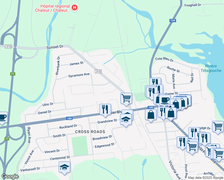 map of restaurants, bars, coffee shops, grocery stores, and more near 812 Rogers Street in Bathurst
