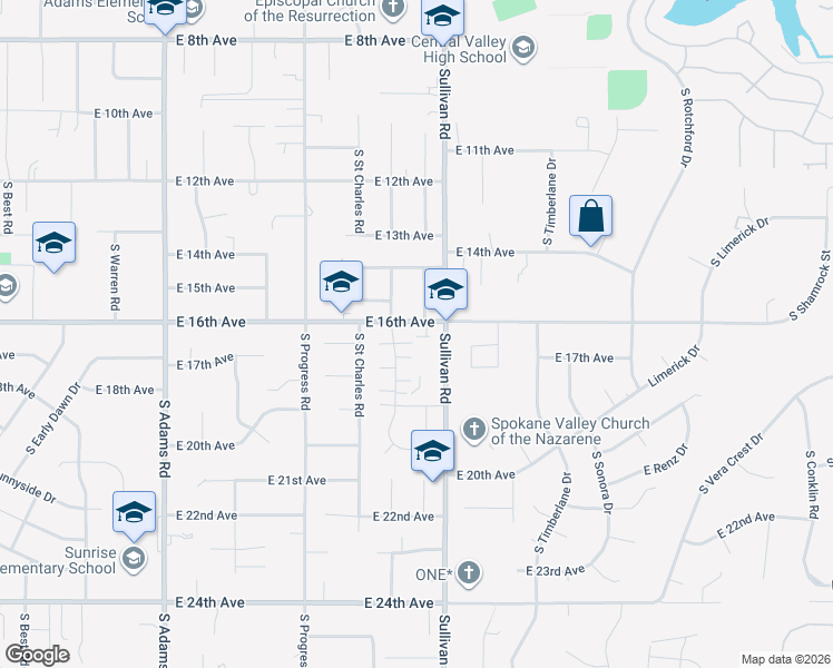 map of restaurants, bars, coffee shops, grocery stores, and more near in Spokane Valley
