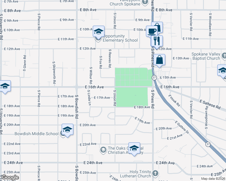 map of restaurants, bars, coffee shops, grocery stores, and more near 11811 East 17th Avenue in Spokane Valley