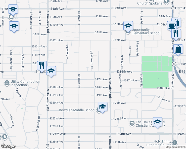 map of restaurants, bars, coffee shops, grocery stores, and more near 11300 East 17th Avenue in Spokane Valley