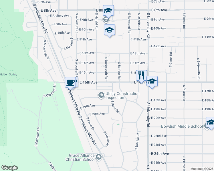 map of restaurants, bars, coffee shops, grocery stores, and more near 10212 East 17th Lane in Spokane Valley