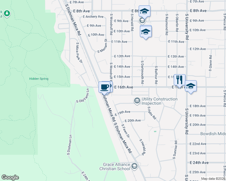 map of restaurants, bars, coffee shops, grocery stores, and more near 9910 East 17th Lane in Spokane Valley