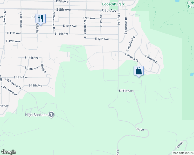 map of restaurants, bars, coffee shops, grocery stores, and more near 1710 South Park Road in Spokane