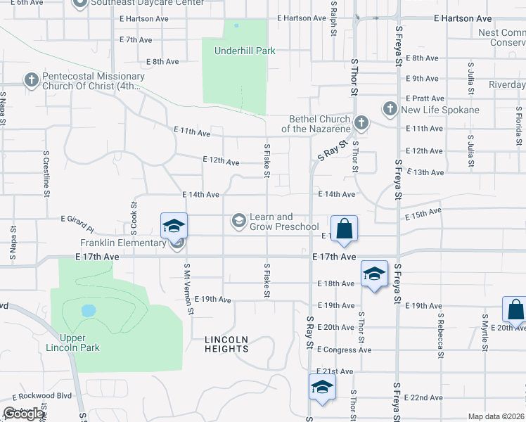 map of restaurants, bars, coffee shops, grocery stores, and more near 3030 East 15th Avenue in Spokane