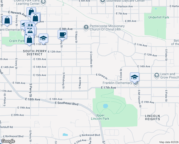 map of restaurants, bars, coffee shops, grocery stores, and more near 2102 East 15th Avenue in Spokane