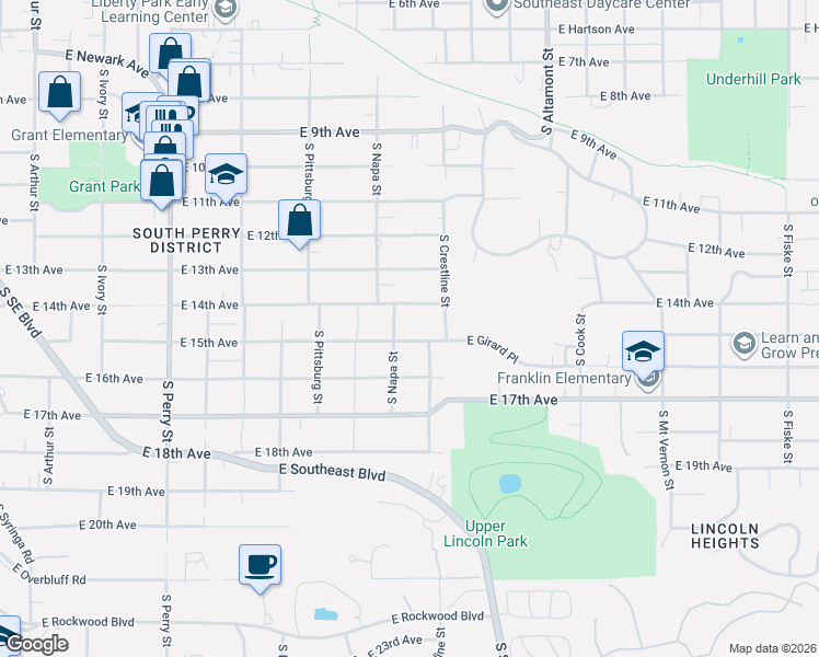 map of restaurants, bars, coffee shops, grocery stores, and more near 2002 East 15th Avenue in Spokane