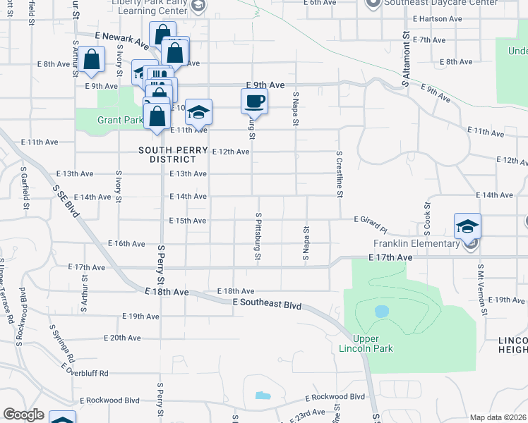 map of restaurants, bars, coffee shops, grocery stores, and more near 1806 East 15th Avenue in Spokane