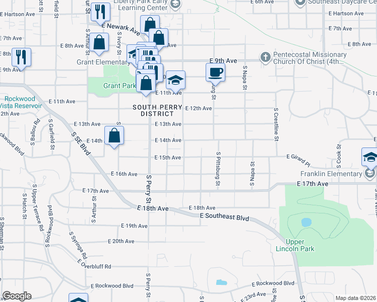 map of restaurants, bars, coffee shops, grocery stores, and more near 1602 East 15th Avenue in Spokane