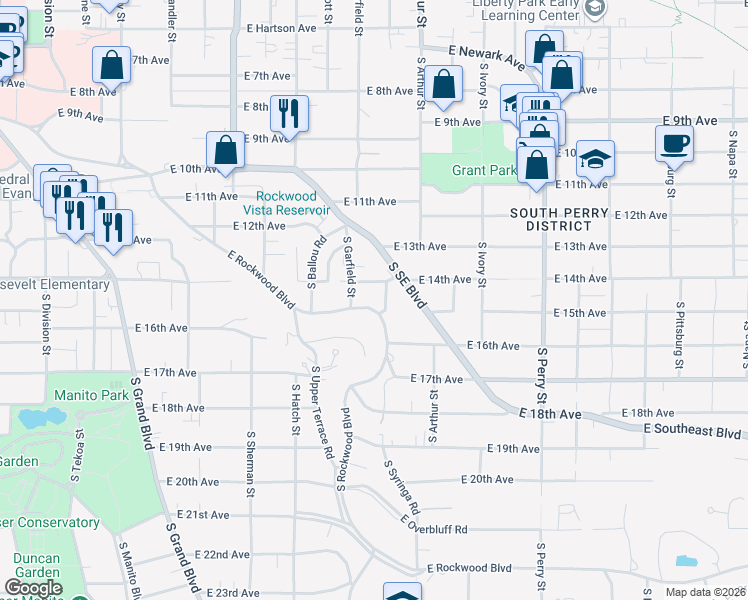 map of restaurants, bars, coffee shops, grocery stores, and more near 900 East Rockwood Boulevard in Spokane