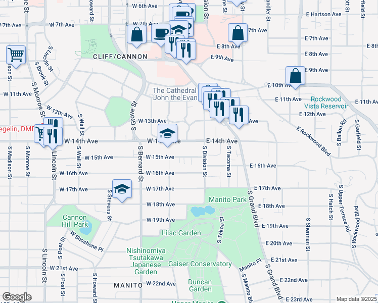 map of restaurants, bars, coffee shops, grocery stores, and more near 21 West 15th Avenue in Spokane