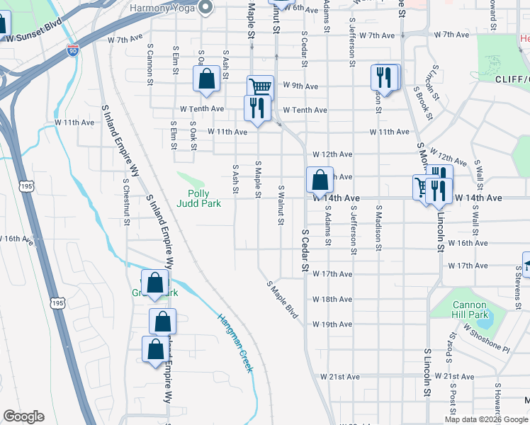 map of restaurants, bars, coffee shops, grocery stores, and more near 1437 South Maple Street in Spokane