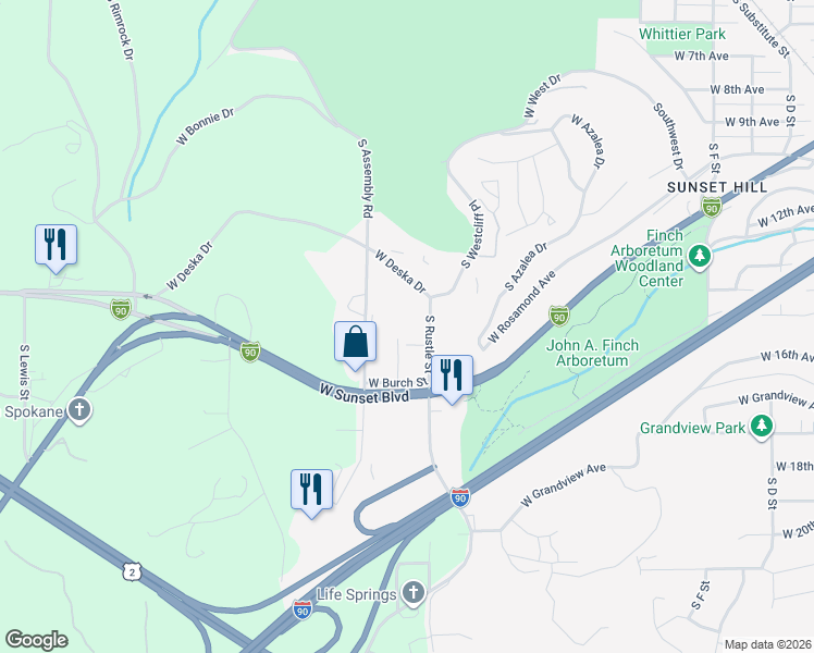 map of restaurants, bars, coffee shops, grocery stores, and more near 1520 South Rustle Street in Spokane