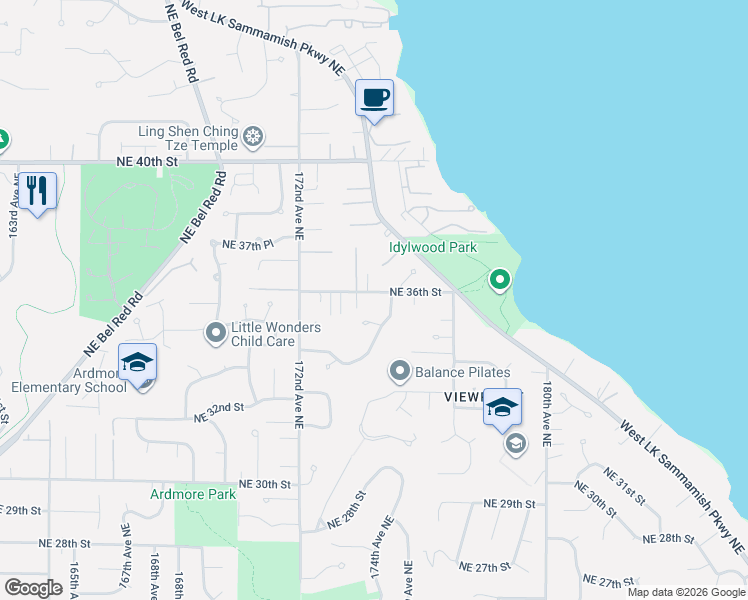 map of restaurants, bars, coffee shops, grocery stores, and more near 3507 175th Avenue Northeast in Redmond