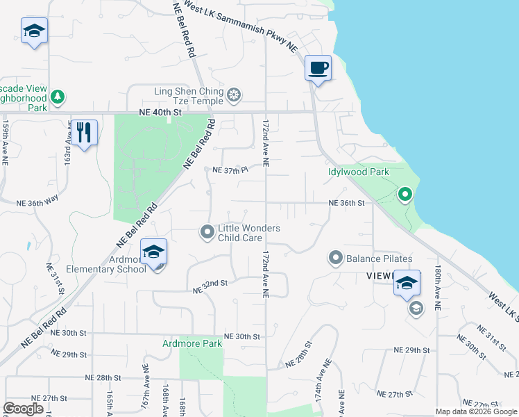 map of restaurants, bars, coffee shops, grocery stores, and more near 3504 170th Place Northeast in Bellevue
