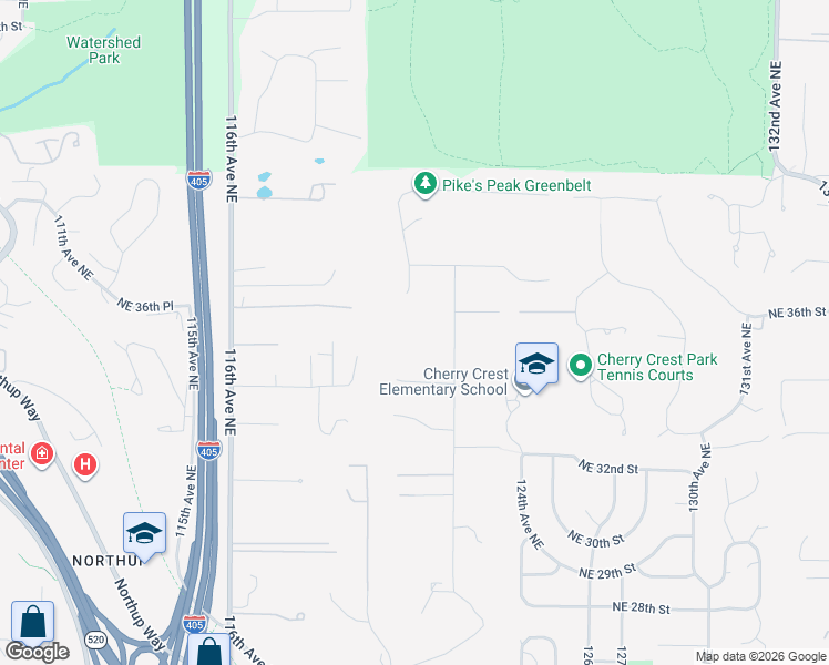 map of restaurants, bars, coffee shops, grocery stores, and more near 3453 122nd Place Northeast in Bellevue