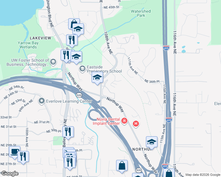 map of restaurants, bars, coffee shops, grocery stores, and more near 10922 Northeast 34th Place in Bellevue