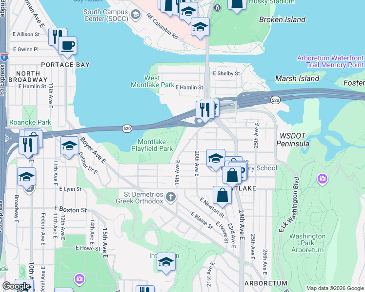 map of restaurants, bars, coffee shops, grocery stores, and more near 2462 West Montlake Place East in Seattle