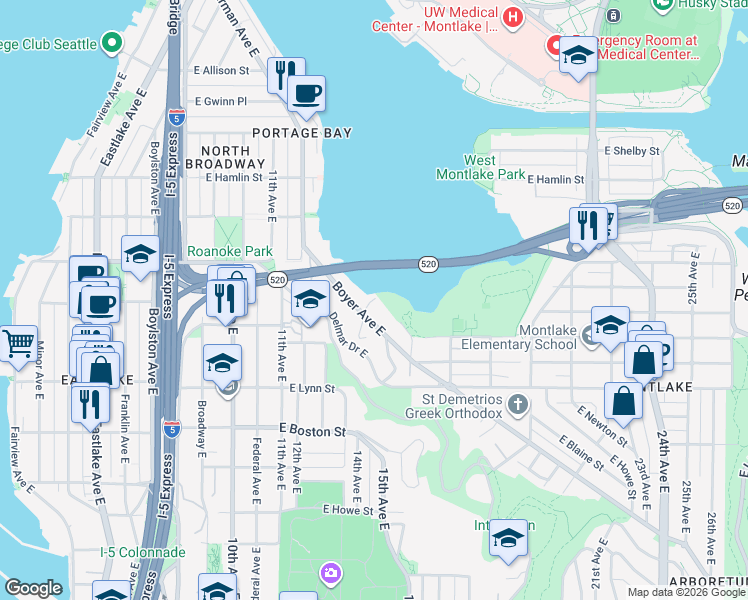 map of restaurants, bars, coffee shops, grocery stores, and more near 2501 Everett Avenue East in Seattle