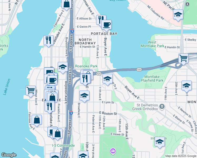 map of restaurants, bars, coffee shops, grocery stores, and more near in Seattle