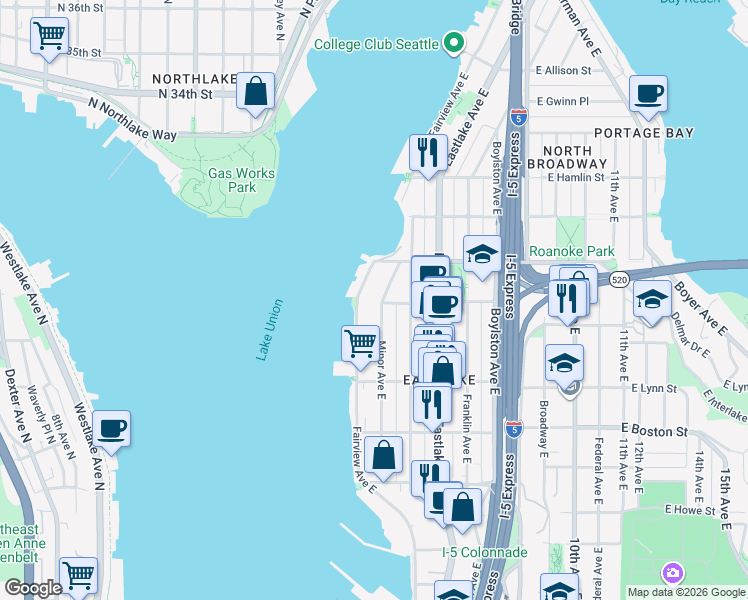 map of restaurants, bars, coffee shops, grocery stores, and more near 2356 Minor Avenue East in Seattle