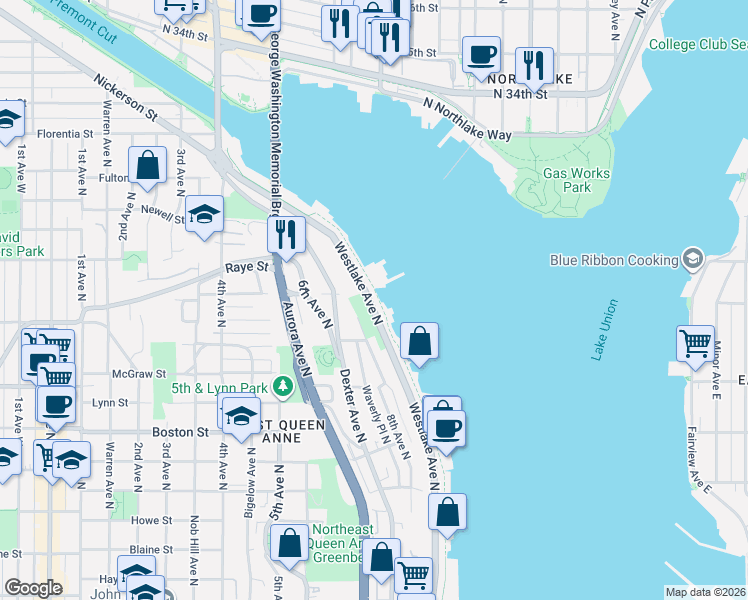 map of restaurants, bars, coffee shops, grocery stores, and more near 2201 Westlake Avenue North in Seattle