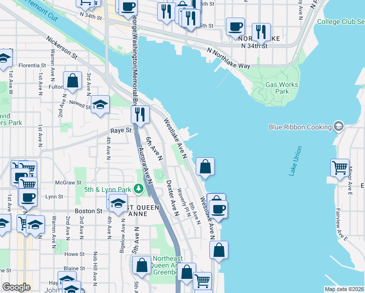 map of restaurants, bars, coffee shops, grocery stores, and more near 2201 Westlake Avenue North in Seattle