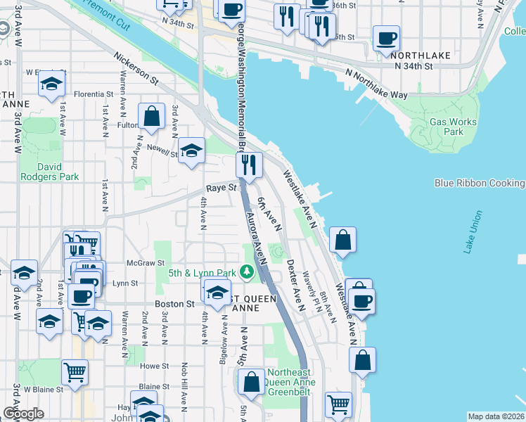 map of restaurants, bars, coffee shops, grocery stores, and more near 2456 Birch Avenue North in Seattle