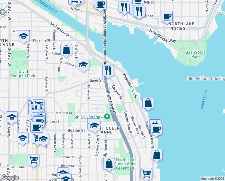 map of restaurants, bars, coffee shops, grocery stores, and more near 2456 Birch Avenue North in Seattle