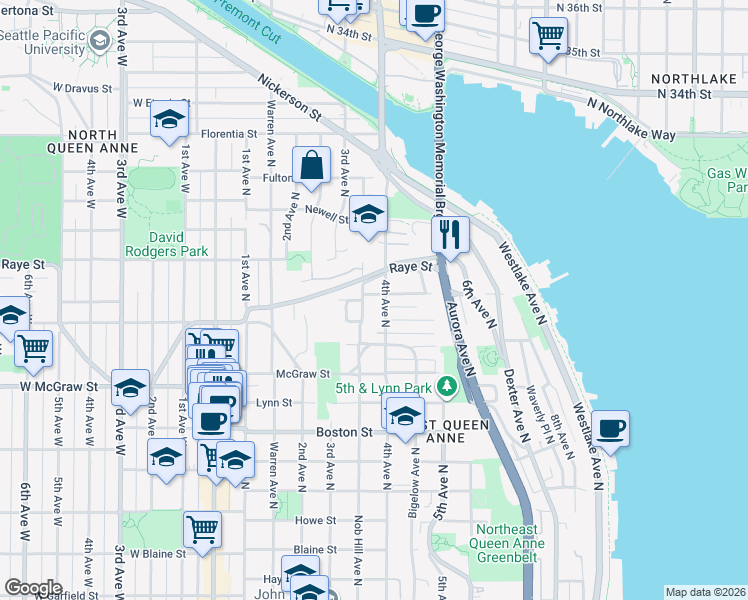 map of restaurants, bars, coffee shops, grocery stores, and more near 2470 Nob Hill Avenue North in Seattle