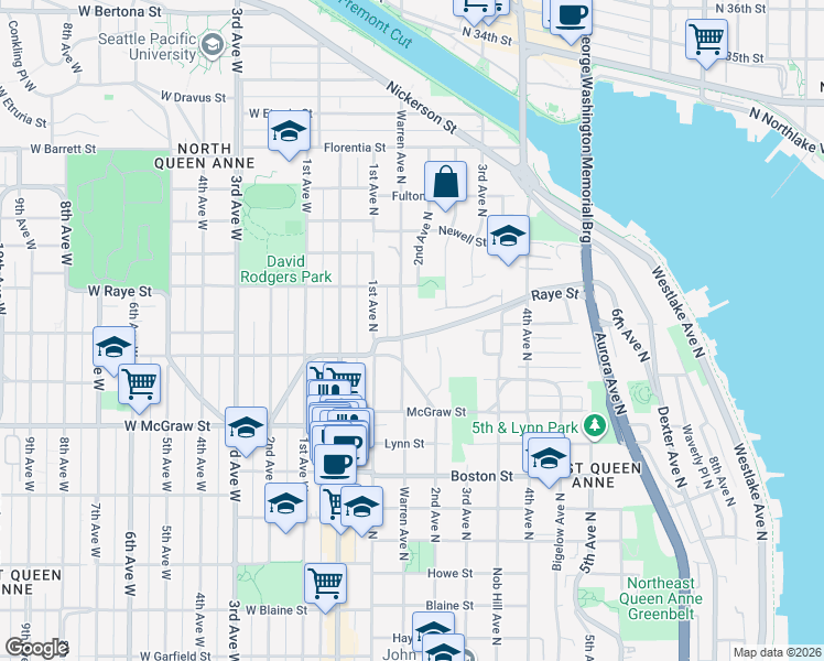 map of restaurants, bars, coffee shops, grocery stores, and more near 2506 Lorentz Place North in Seattle