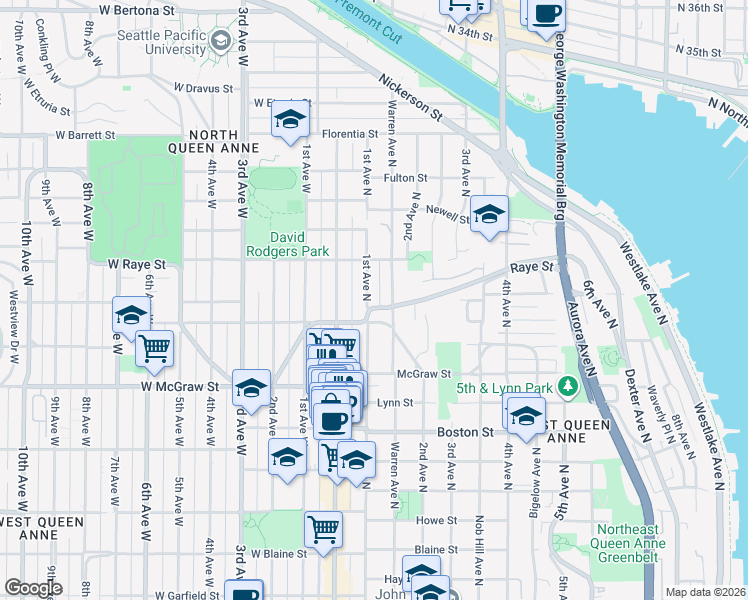 map of restaurants, bars, coffee shops, grocery stores, and more near 105-149 Smith Street in Seattle