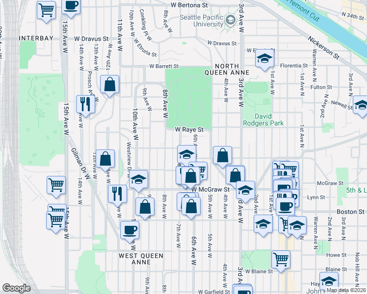 map of restaurants, bars, coffee shops, grocery stores, and more near 610 West Smith Street in Seattle