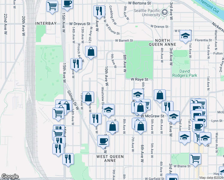 map of restaurants, bars, coffee shops, grocery stores, and more near 2524 10th Avenue West in Seattle