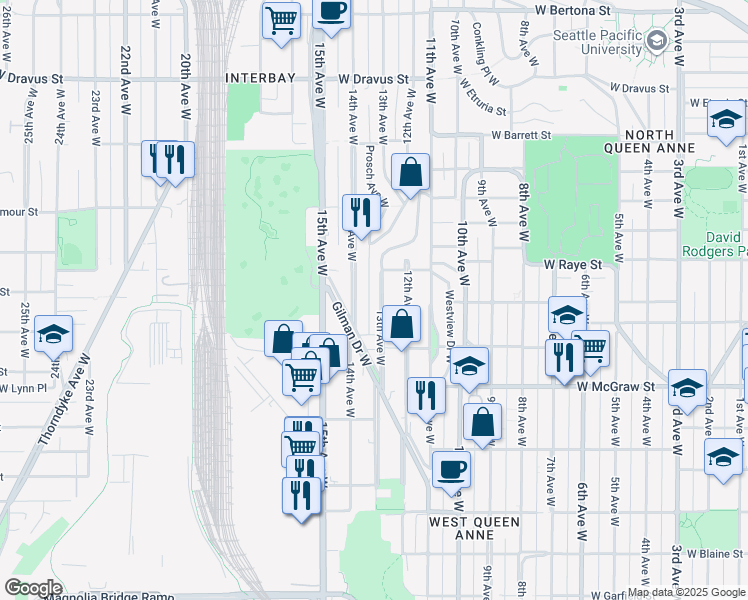 map of restaurants, bars, coffee shops, grocery stores, and more near 2516 14th Avenue West in Seattle
