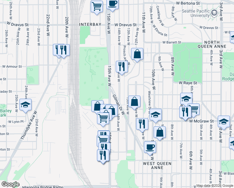 map of restaurants, bars, coffee shops, grocery stores, and more near 2516 14th Avenue West in Seattle