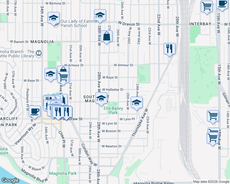 map of restaurants, bars, coffee shops, grocery stores, and more near 2614 West Smith Street in Seattle