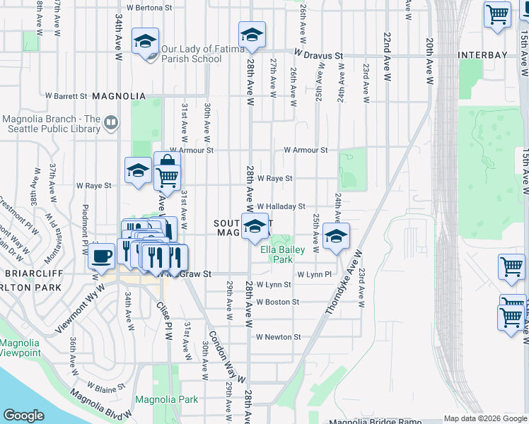 map of restaurants, bars, coffee shops, grocery stores, and more near 2508 28th Avenue West in Seattle